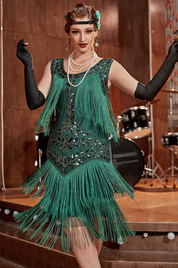 Zapaka Women 1920s Gatsby Dress Dark Green Round Neck Vintage Dress with Fringes